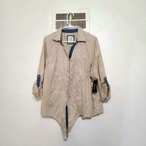 Style&co. Woman Beige Button-Up Shirt – 1X, Asymmetrical Hem, Blue Accents